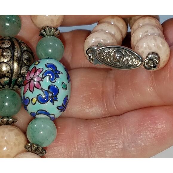 Vtg Chinese Pink Green Peking Glass Bead Necklace Painted Porcelain Silver Plate - Picture 7 of 10